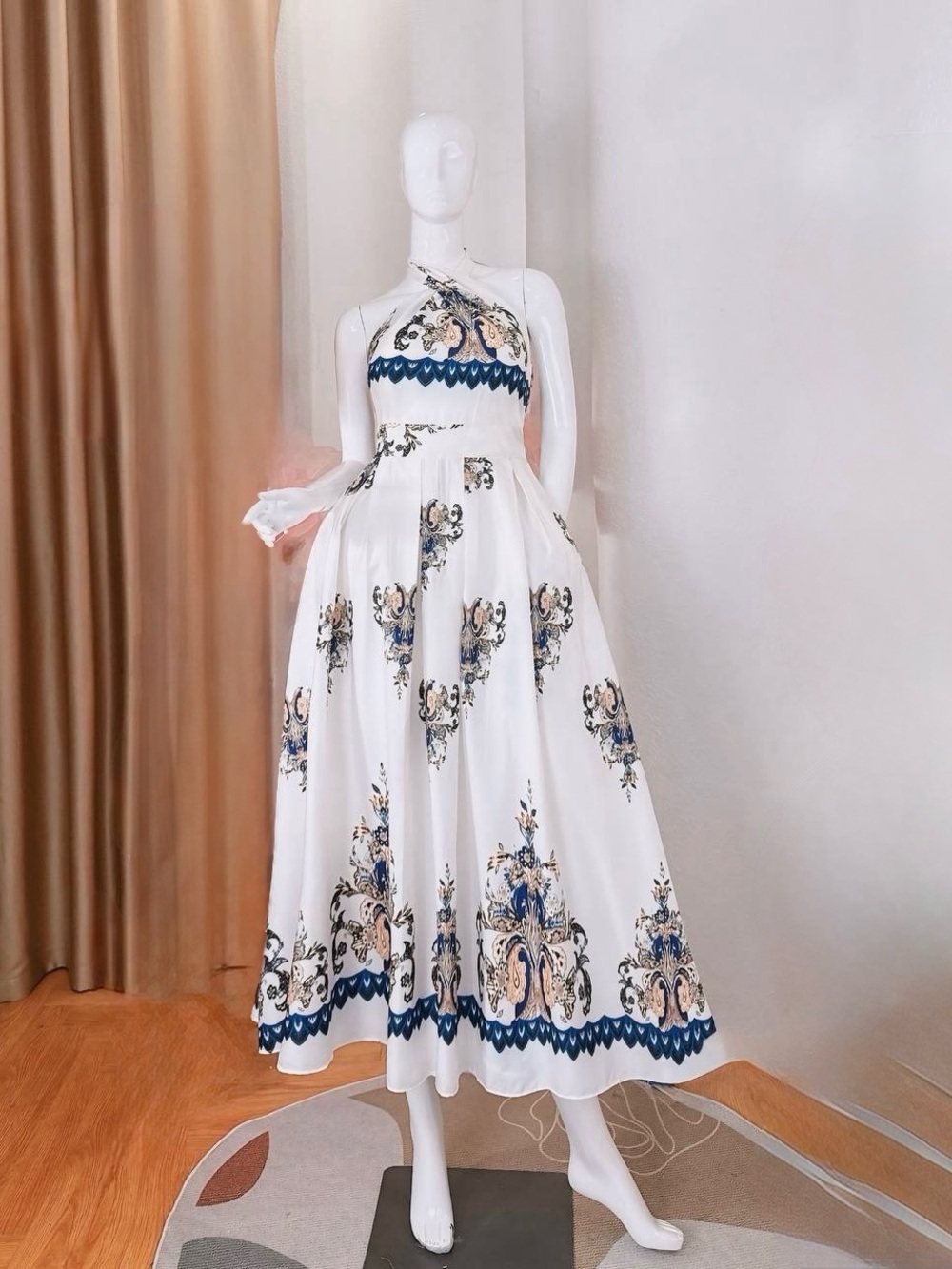 Backless White Halter Midi Dress with Blue Floral Trim